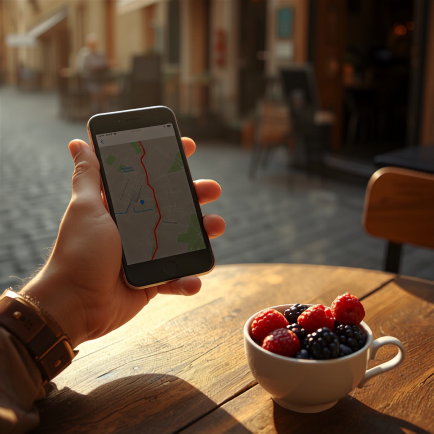 Hand hält ein Handy mit einer Routenkarte, daneben eine Schale mit Beeren auf einem Holztisch vor einem sonnigen Straßencafé.