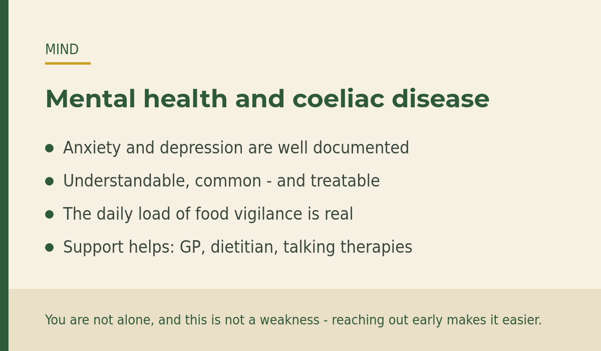 Key points on coeliac disease and mental health: anxiety and depression are common and understandable, and support from a GP, dietitian or talking therapy helps