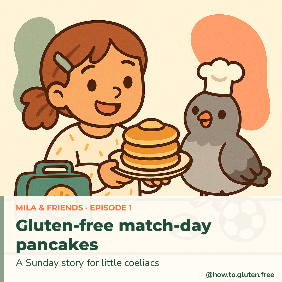 Little GF Adventures Episode 1, panel 1: Mila holds a stack of gluten-free match-day pancakes beside Pip the pigeon in a chef hat.