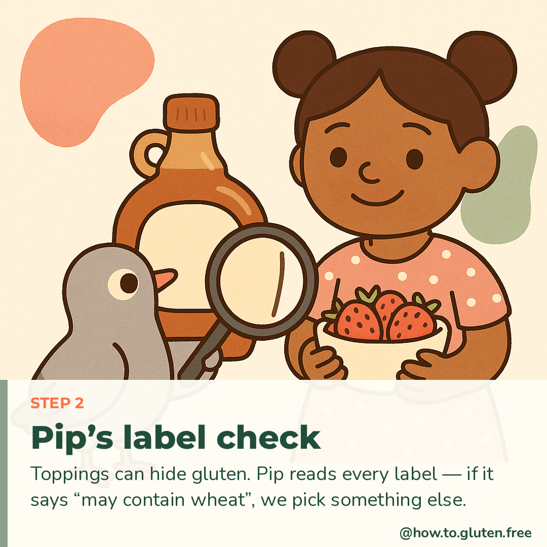 Little GF Adventures Episode 1, panel 3, Step 2 Pip's label check: Pip uses a magnifying glass to read a syrup label while Sofia holds a bowl of strawberries.