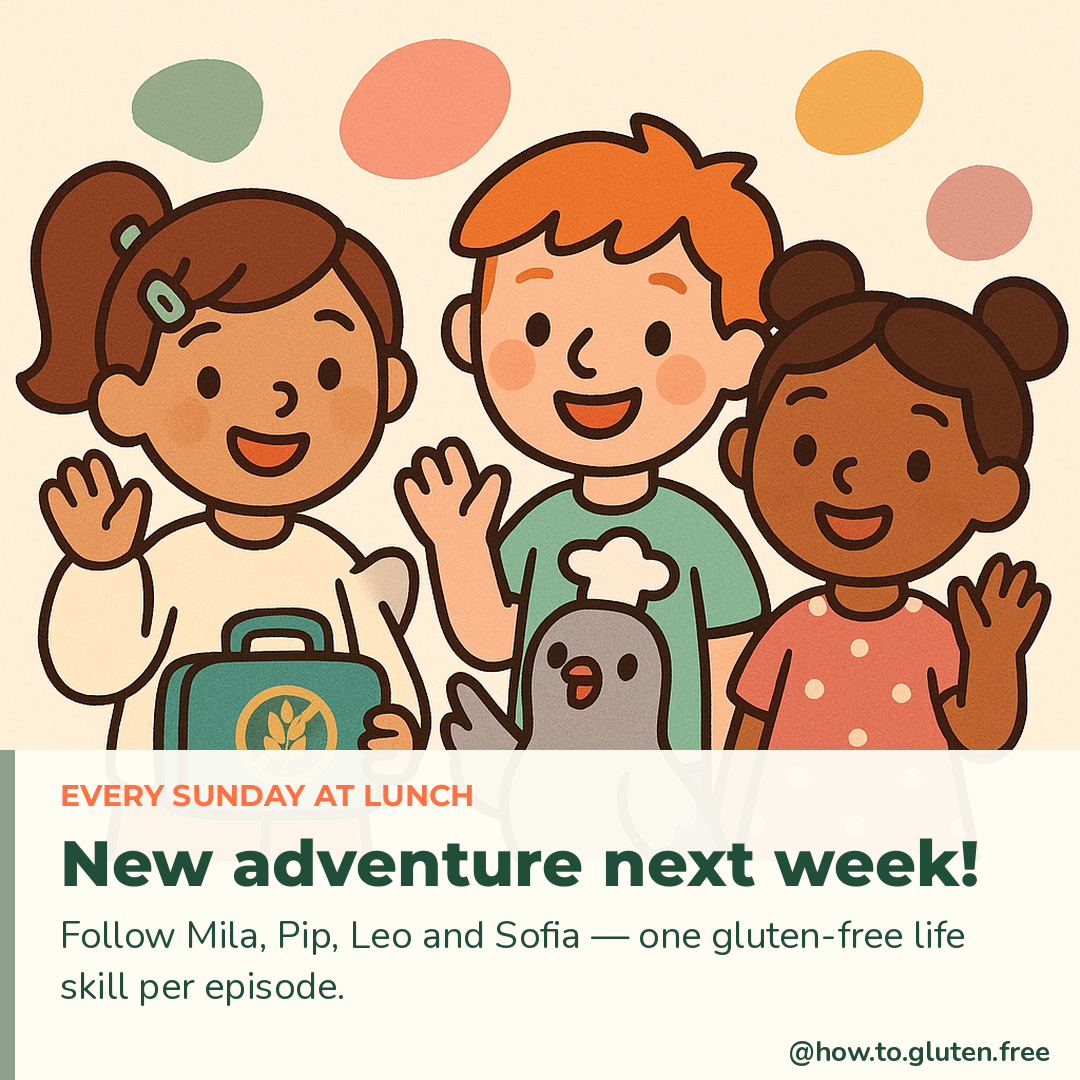 Little GF Adventures Episode 1, panel 4: Mila, Leo and Sofia wave with Pip the pigeon beside the words New adventure next week.