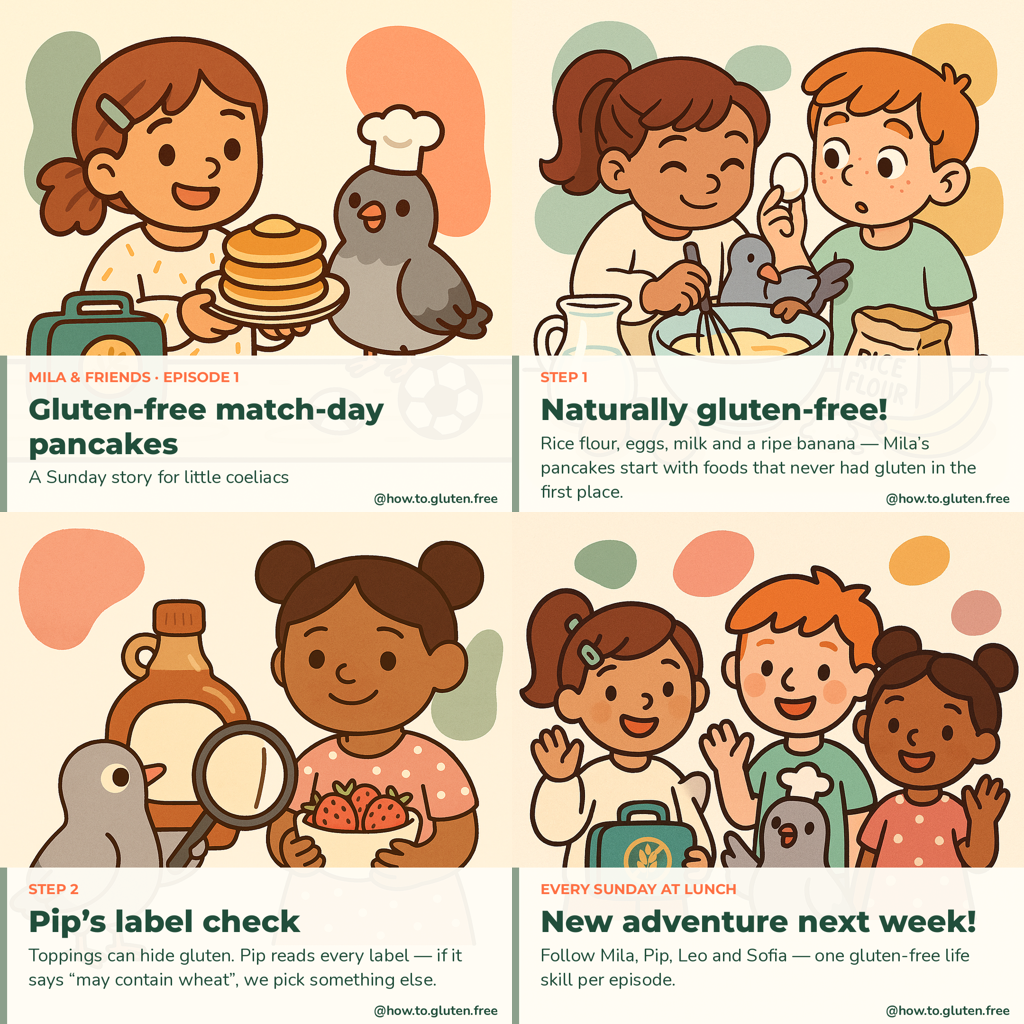 Little GF Adventures Episode 1 comic strip: four panels showing Mila making gluten-free match-day pancakes with Pip the pigeon, Leo and Sofia.