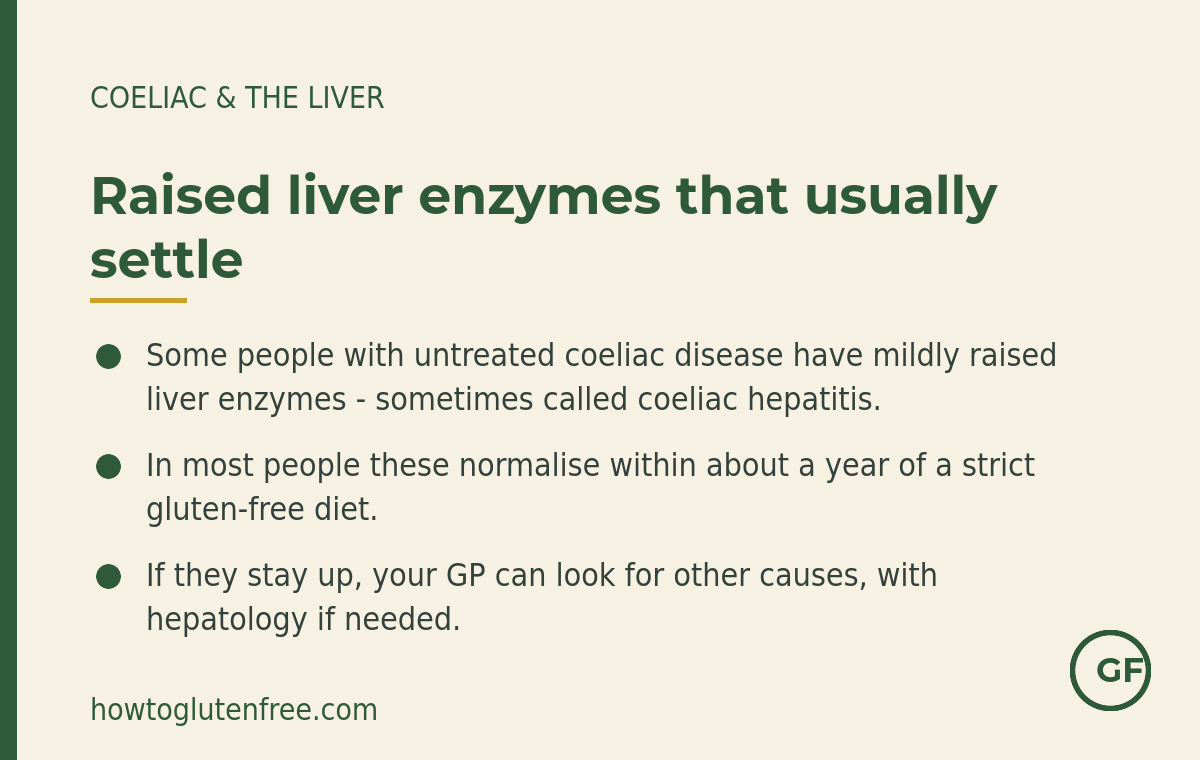 Coeliac disease and the liver: mildly raised liver enzymes called coeliac hepatitis usually normalise within about a year of a strict gluten-free diet, and if they stay up your GP can look for other causes