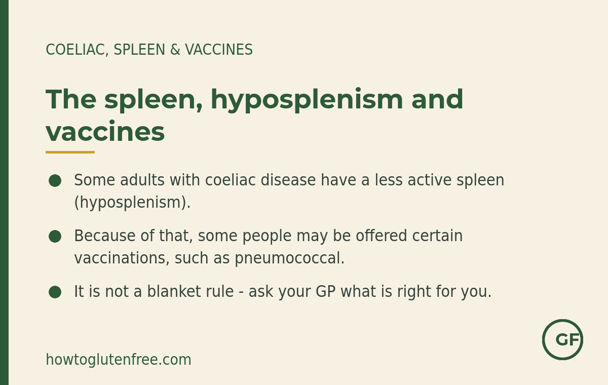 Coeliac disease, the spleen and vaccines: some adults have a less active spleen (hyposplenism), so some people may be offered certain vaccinations such as pneumococcal, but it is not a blanket rule - ask your GP