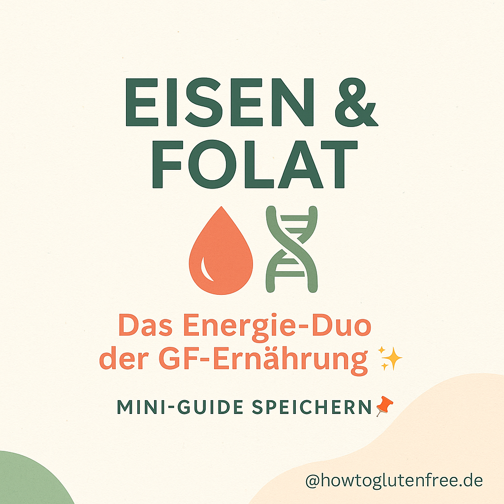 Iron and folate illustrated as the energy duo of a gluten-free diet, with a blood-drop and DNA-strand icon