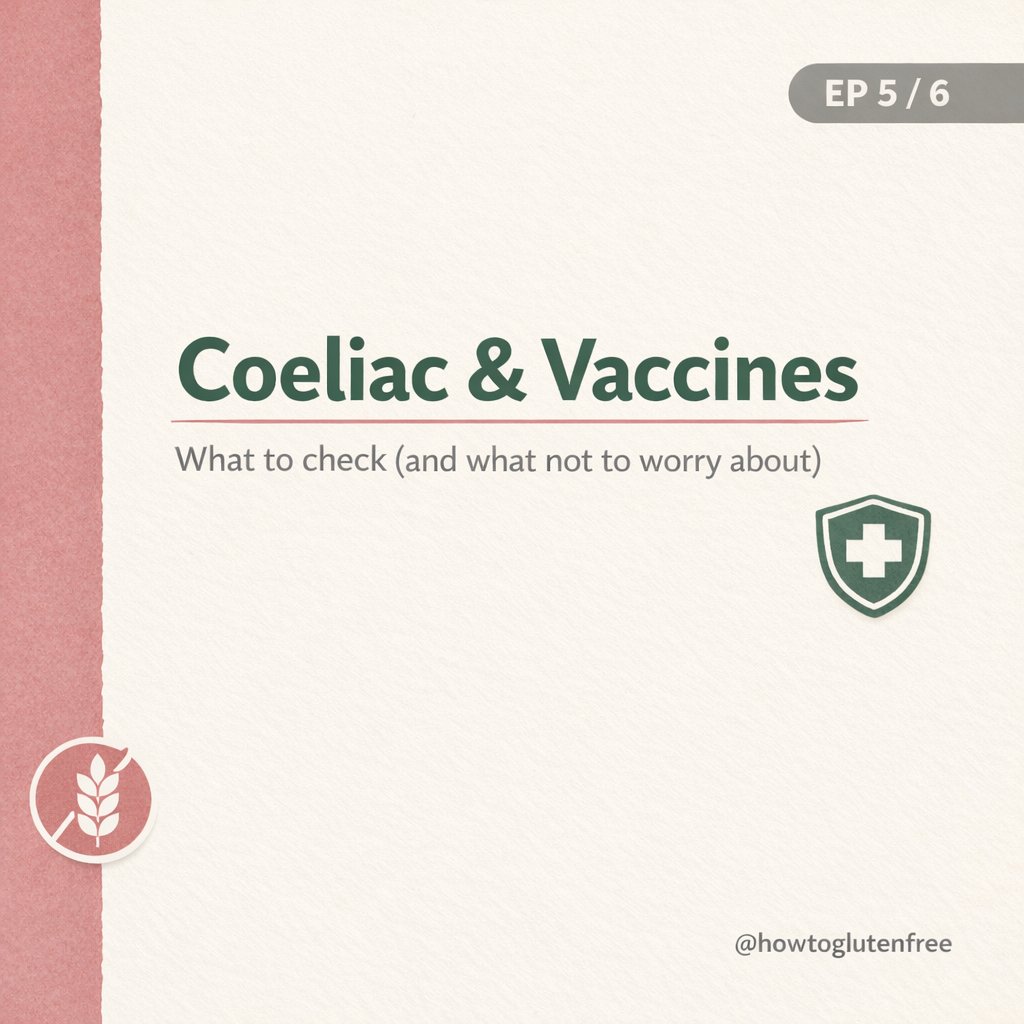 Coeliac and Vaccines - what to check and what not to worry about, with a medical shield icon