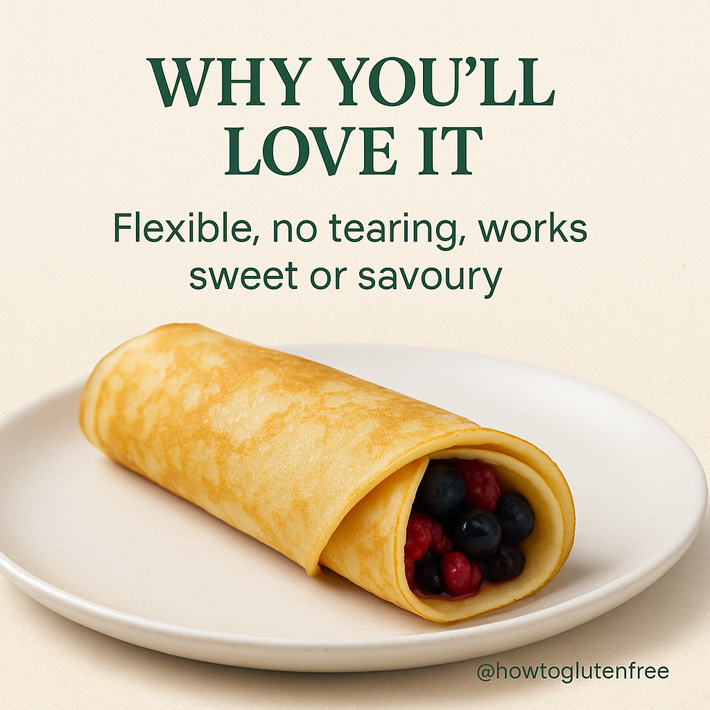 Gluten-free crepe rolled around fresh berries on a white plate