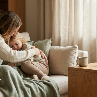 Parent comforting a young child on a sofa: photo for a How to Gluten Free article