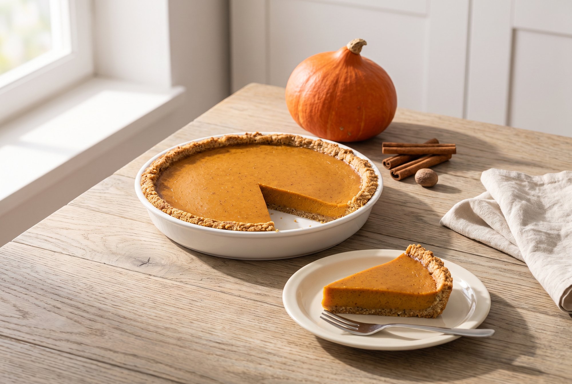 Ein Pumpkin Pie mit gedrücktem, krümeligem Boden in einer weißen Form, ein Stück auf einem Teller davor, dahinter ein Hokkaido und Zimtstangen