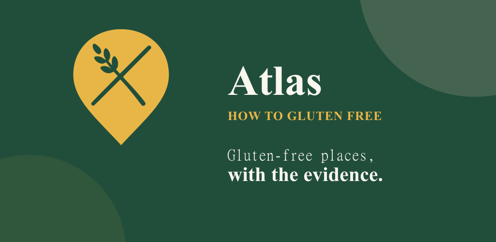 Das Logo der HTGF-Atlas-App, eine goldene Kartennadel mit durchgestrichener Weizenähre, und der Satz „Gluten-free places, with the evidence“