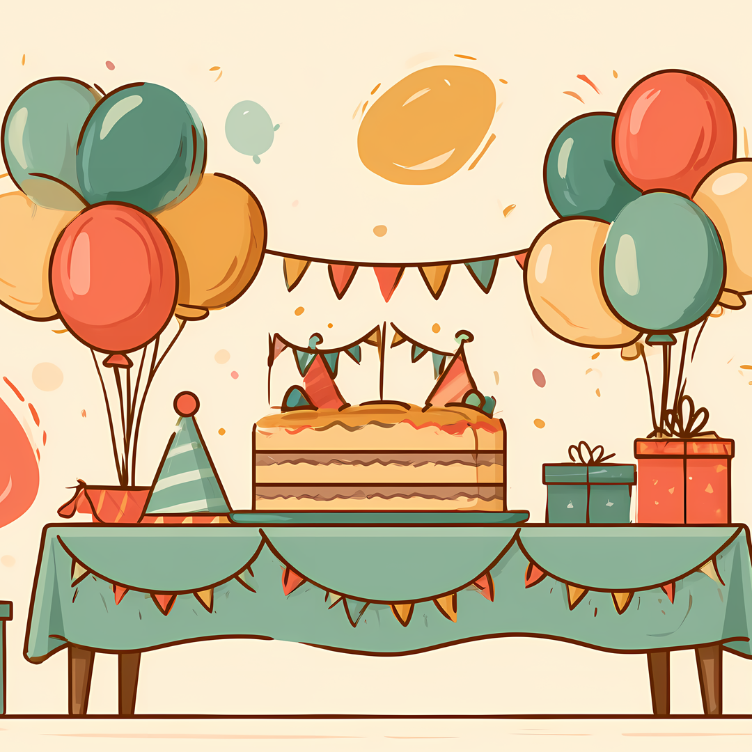 Una tavola di compleanno con una grande torta a strati, cappellini, regali e grappoli di palloncini color salvia, corallo e senape