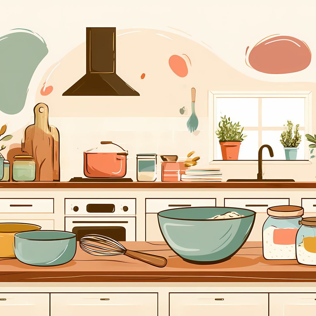Una cucina di famiglia piena di sole al mattino: ciotole, una frusta e barattoli sul piano di legno, erbe aromatiche sul davanzale