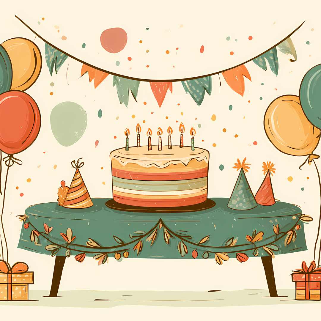 La tavola della festa: una grande torta a strati con sette candeline accese, cappellini, festoni, palloncini e regali