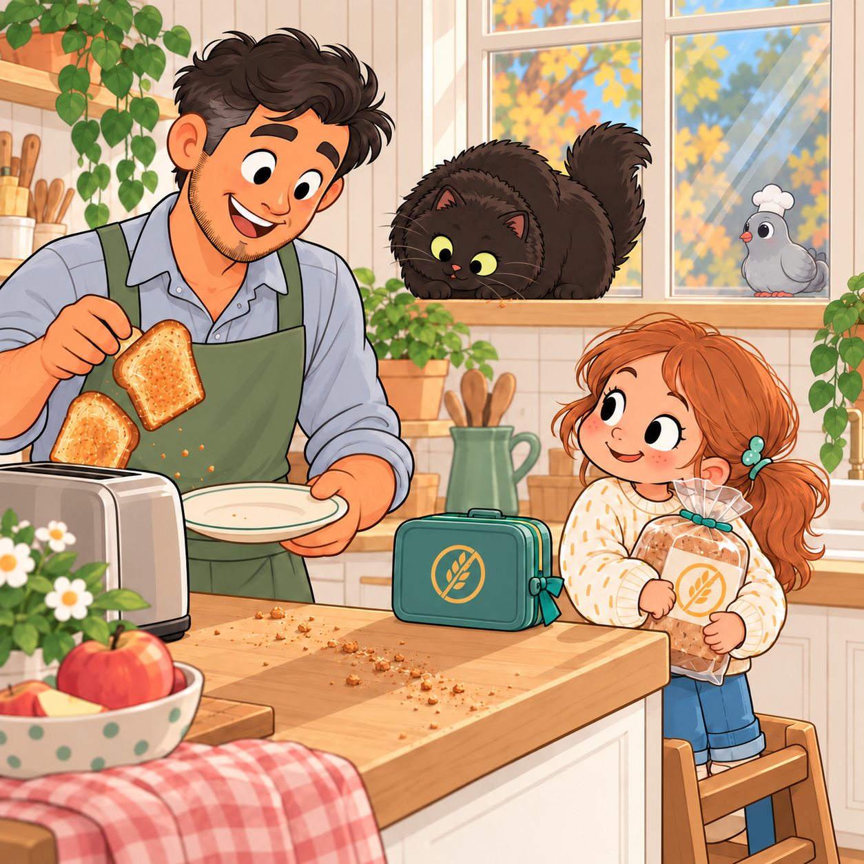 Una cucina di famiglia al mattino: il toast normale di papà salta fuori dal tostapane di famiglia sul suo piatto, una scia di briciole sul piano, Mila aspetta con il suo sacchetto di pane senza glutine, la gatta nera Luna sul davanzale