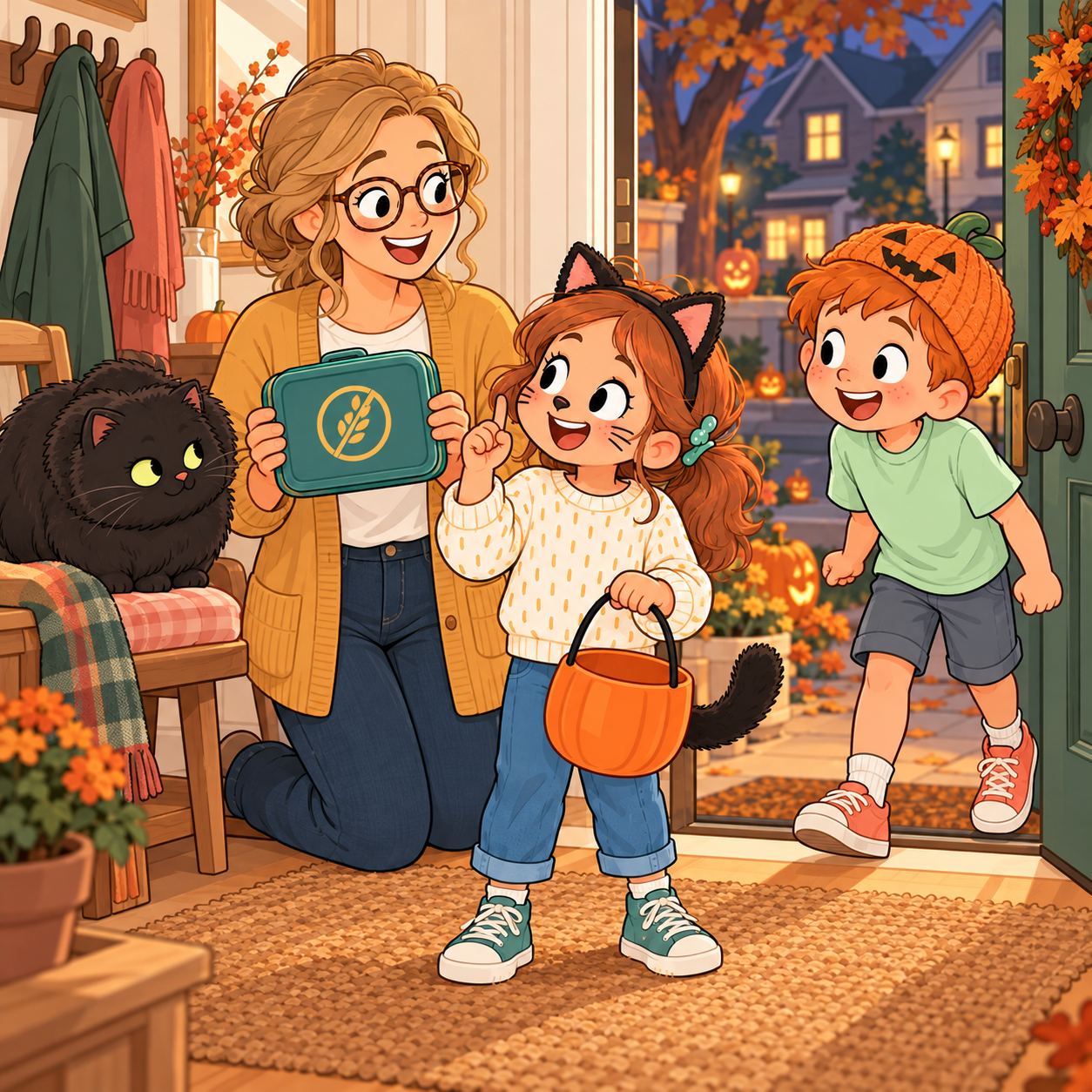 Before trick-or-treating, the Halloween sweets rule: Mila in black cat ears holding an empty orange treat bucket, Mama holding up Mila's teal lunchbox with the crossed-out wheat symbol as the swap box, Leo in a pumpkin hat at the open door, Luna the black cat on a chair staring at Mila's ears