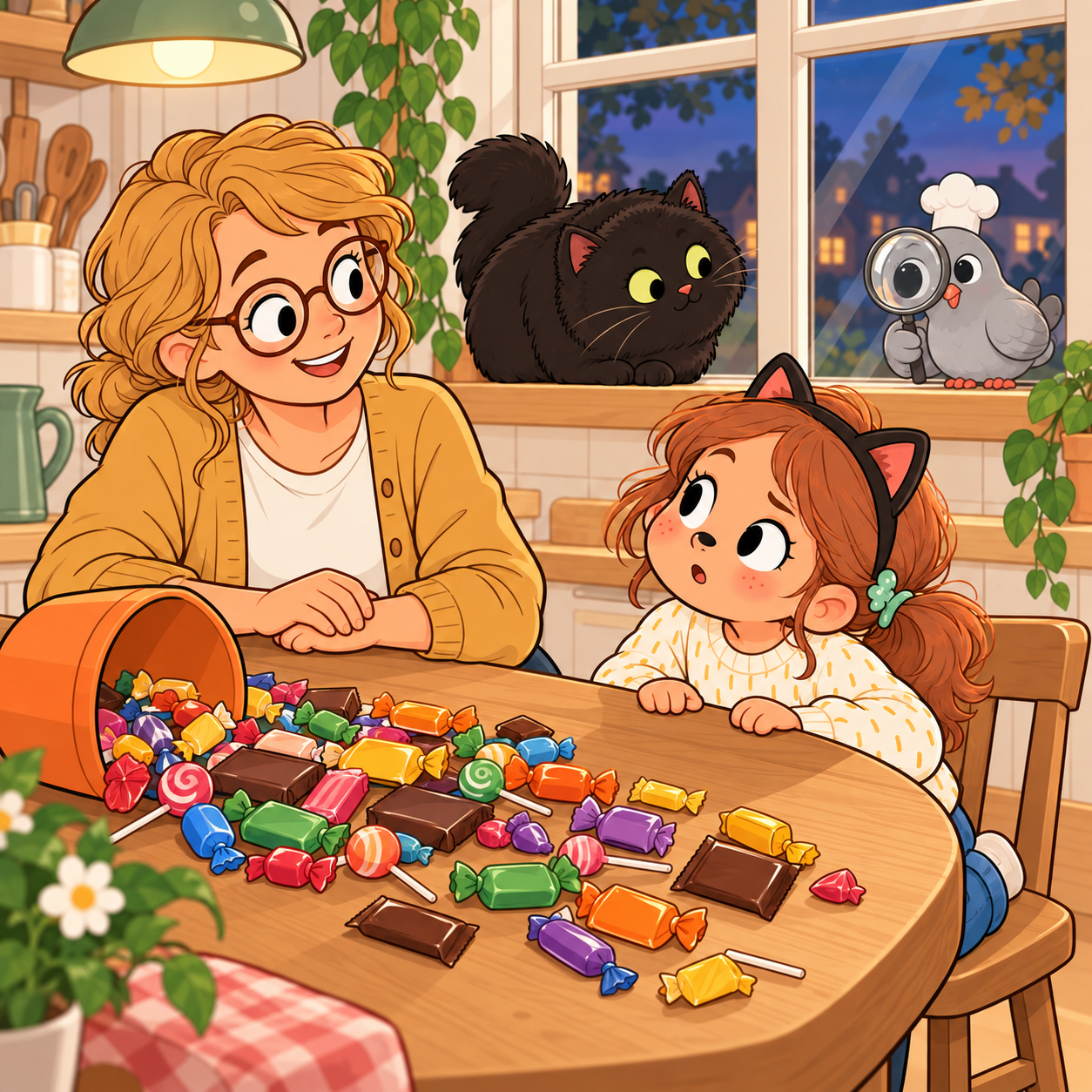 Later at the kitchen table: Mila sitting on a chair beside a heap of wrapped sweets tipped out of her bucket, Mama sitting next to her, Pip the pigeon outside the window peering in through his magnifying glass
