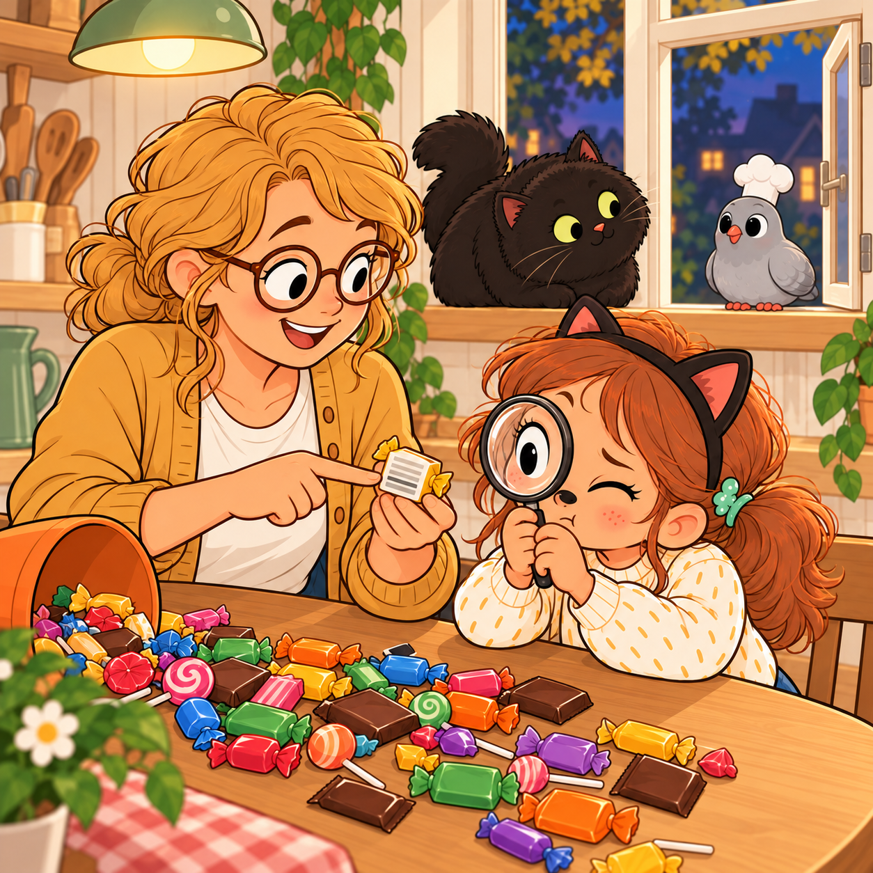 Mama turning a wrapped sweet over to show Mila the tiny ingredient list on the back, Mila looking closely through a magnifying glass, Luna on the windowsill watching Pip outside