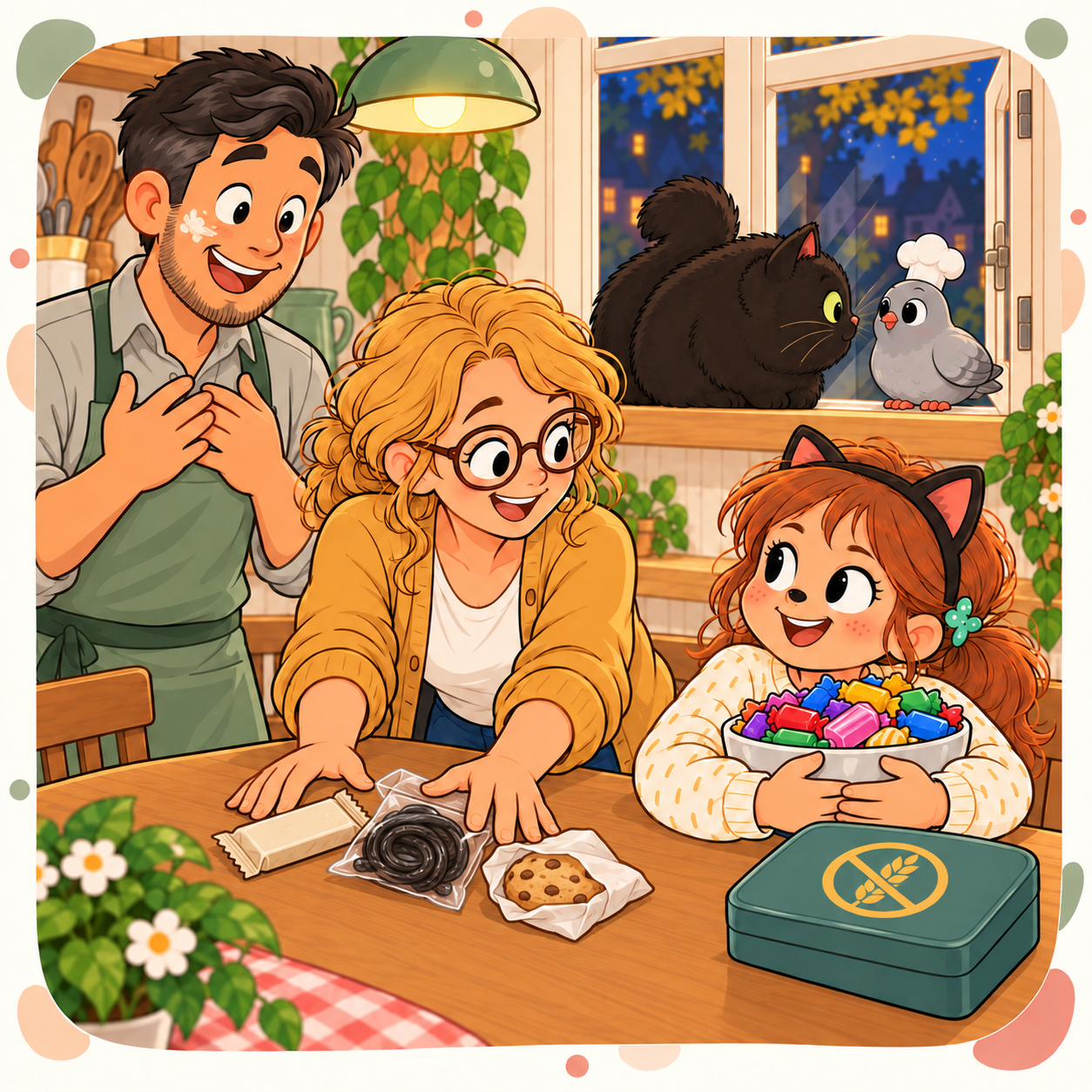 Papa coming into the kitchen with a smear of flour on his cheek, delighted at the swap pile pushed towards him, Mila hugging her full bowl of sweets, Luna back on the windowsill watching Pip