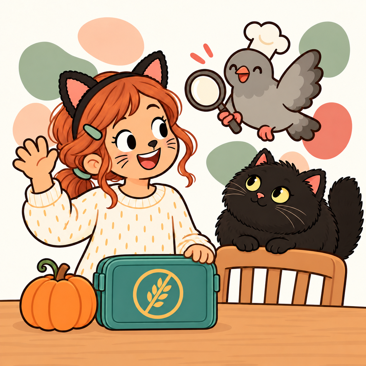 Pip the pigeon flying with his magnifying glass above the teal swap box and a small pumpkin, Mila in cat ears waving, Luna the black cat on a chair beside her looking up