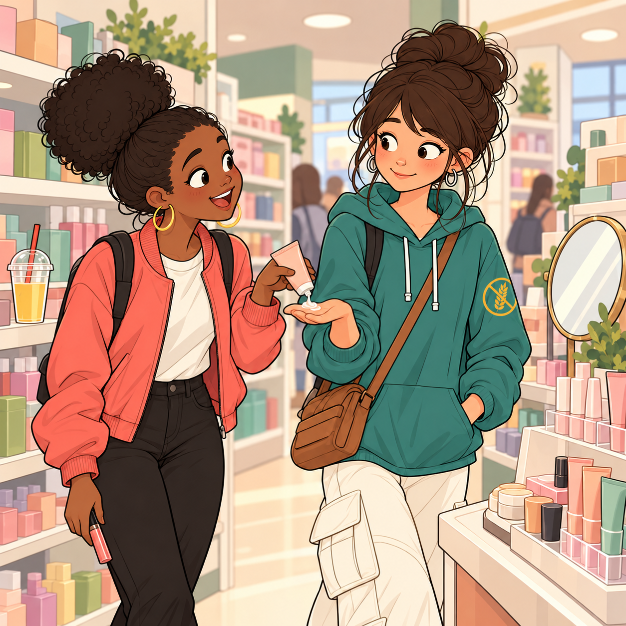 Zoe e Yara dopo scuola tra gli scaffali di una profumeria: Yara tiene in mano un nuovo lucidalabbra rosa corallo e spreme crema mani di prova sul palmo di Zoe, Zoe divertita