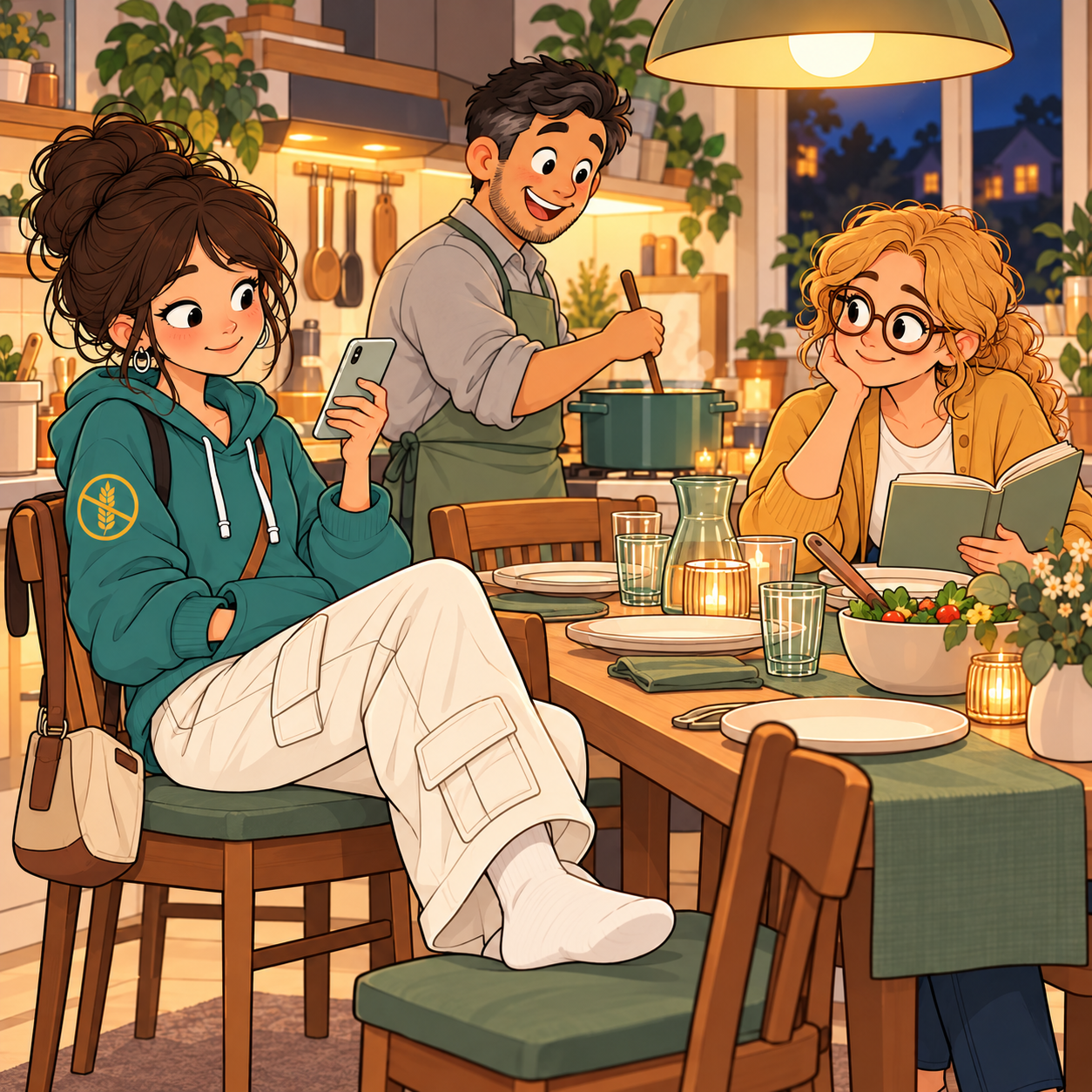 Sunday evening in the family kitchen: Zoe relaxed on a chair with her feet up and her phone, Dad stirring a pot at the stove, Mum at the table with a book