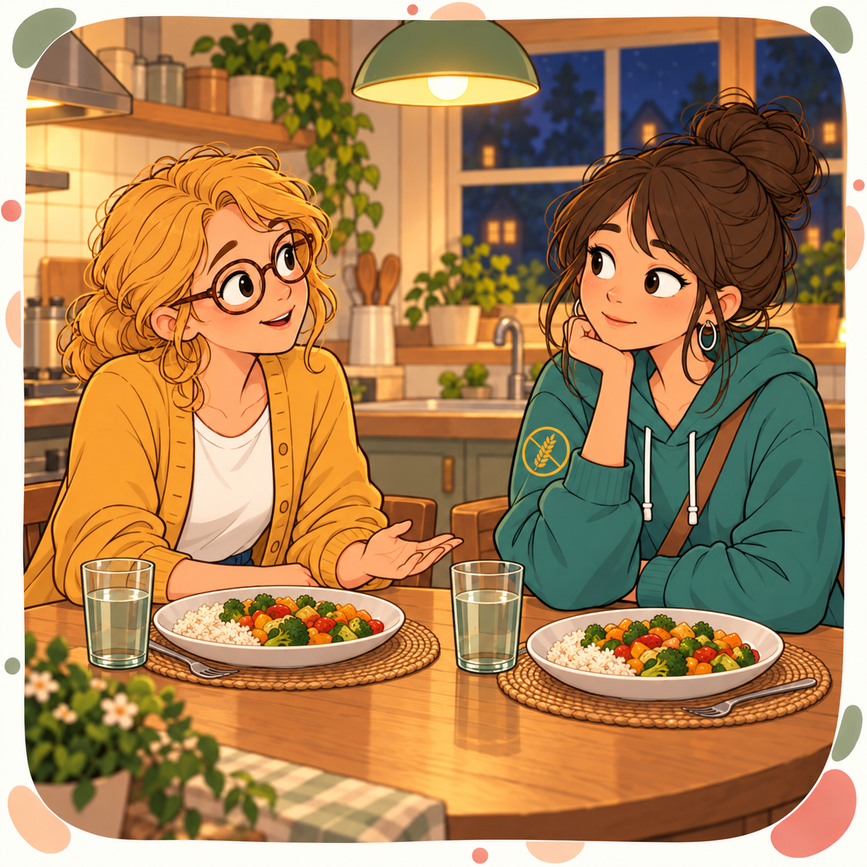 Across the corner of the table: Mum leaning in calmly with one hand open, Zoe listening and thinking