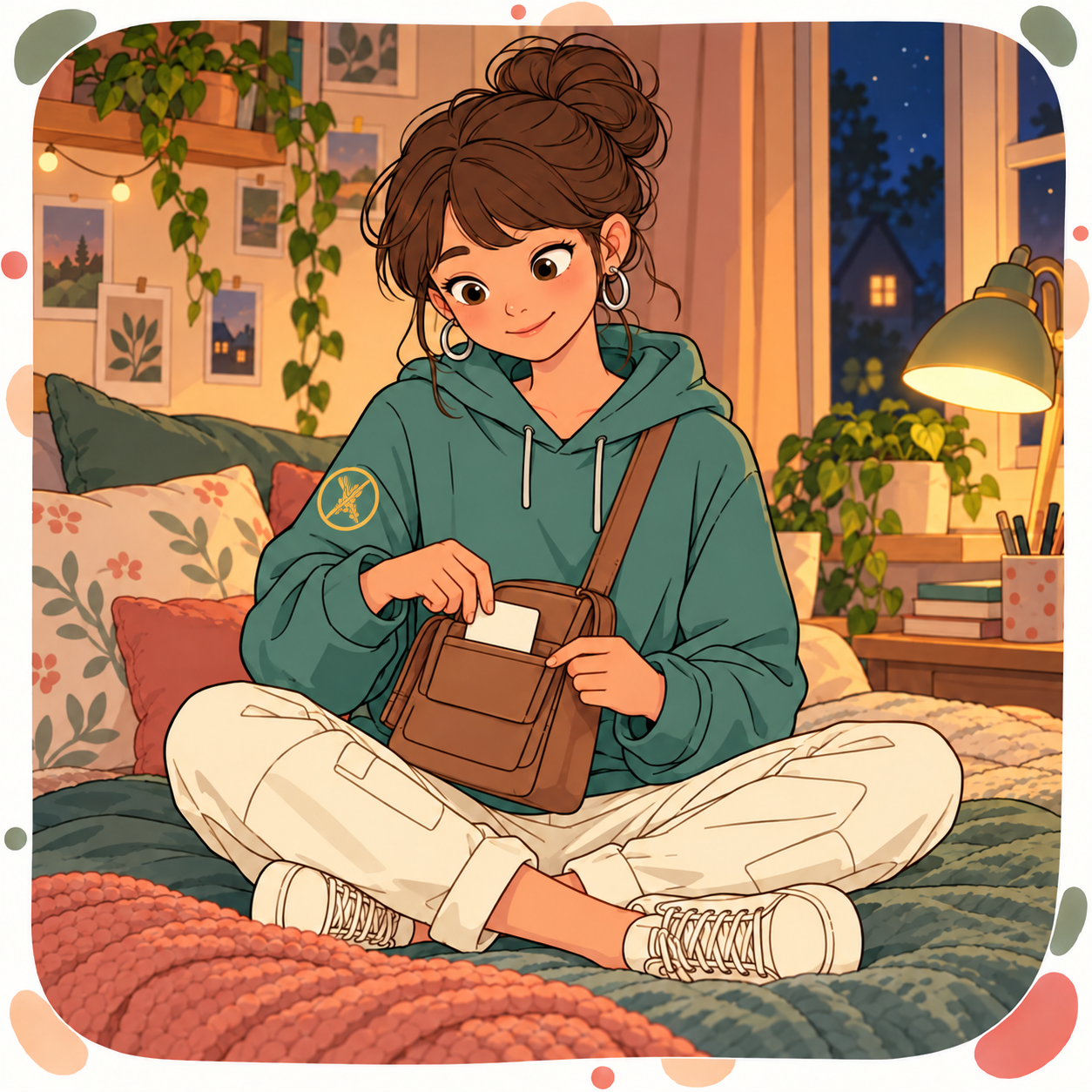 Zoe on her bed at night sliding the small three-questions card back into the front pocket of her canvas bag, smiling to herself