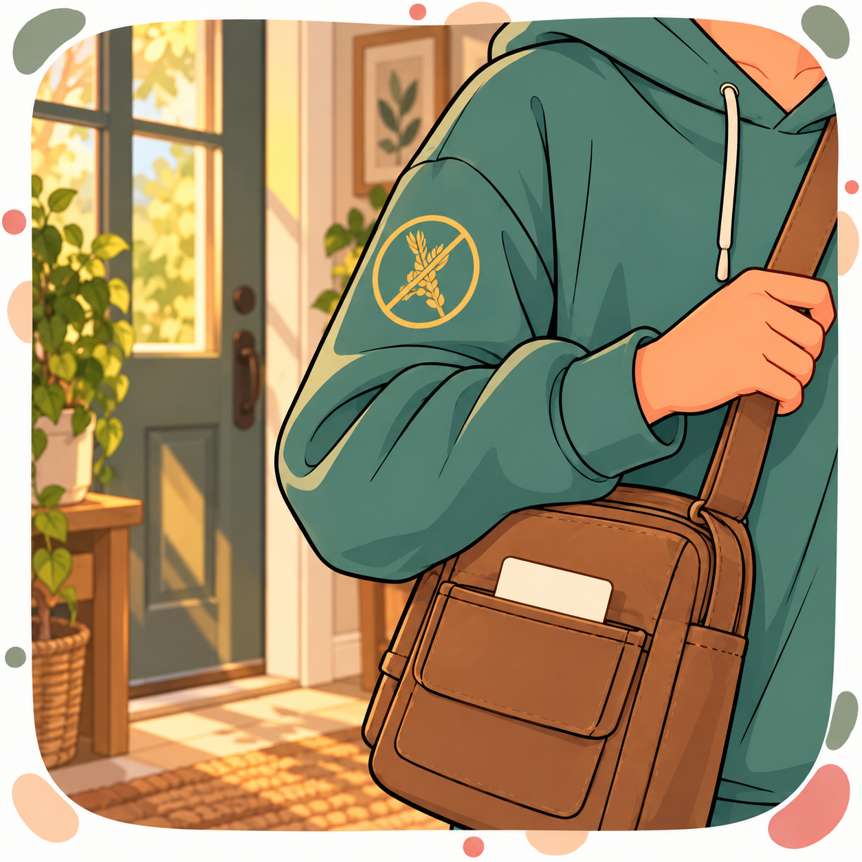 Close-up: the corner of the cream card showing in the front pocket of Zoe's canvas bag, her teal hoodie sleeve beside it, morning light